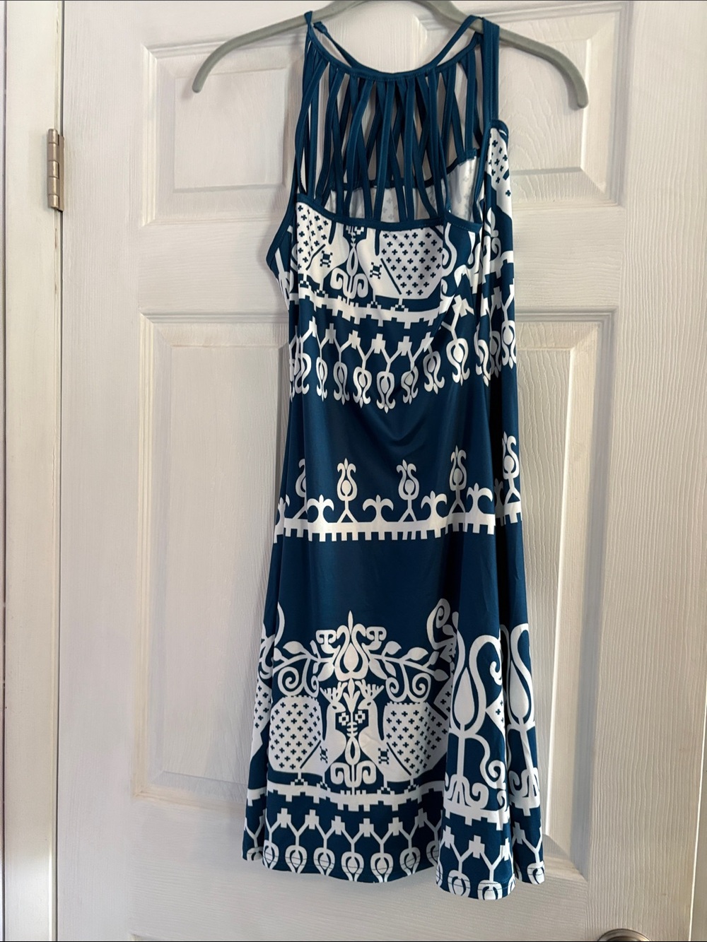 Sleeveless Navy and White Midi Dress with Lattice Neckline - Picture 2 of 5
